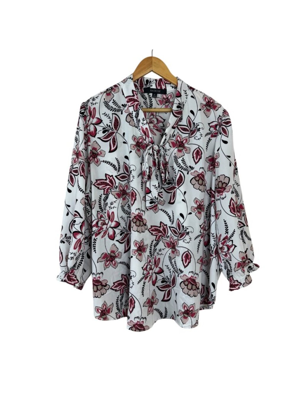 Ava Rose Floral Career Blouse White Pink Black Plus Size 2X Tie at Neck Office